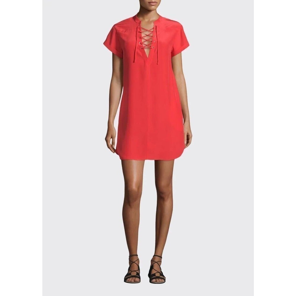 FRAME Denim Womens XS Le Lace Up Silk Shift Dress Blood Orange Short‎ Sleeve